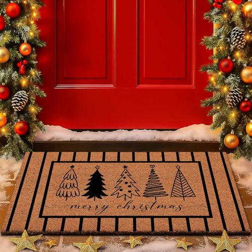 Lanpn Weihnachten Fußmatte Kokosmatte, Winter rutschfeste für Terrasse Eingang Türmatte Badezimmer Matte für Innen Außen Bodenmatte Badezimmer Wohnzimmer Dekor 42x75cm (Linie Weihnachtsbaum, Braun)