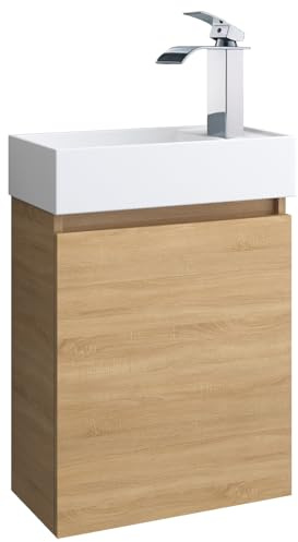 Faizee Home | Badmöbel Set Eiche – Waschtisch mit Unterschrank & Keramik-Waschbecken | Inkl. Wasserfall-Armatur in Chrom | Modernes Badezimmermöbel mit elegantem Design