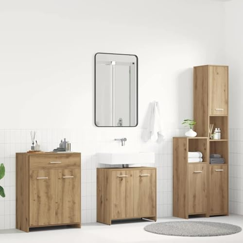 Hommdiy 4-TLG. Badmöbel-Set Badezimmerschrank Komplettset Badezimmermöbel Set Artisan-Eiche Holzwerkstoff