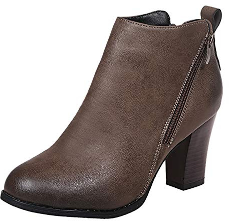 Botas de invierno para mujer, talla 42, botines de piel negra con cremallera, botas de tacón bloque, botas elegantes, cómodas botas de invierno, redondas, vintage, botas de invierno, caqui, 35 EU