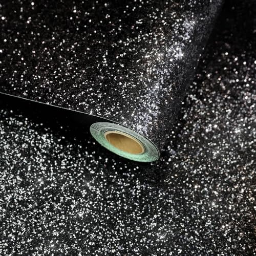 VaryFloral Self Adhesive Black Glitter Wallpaper 30cmx300cm Sticky Back Plastic Chunky Glitter Peel and Stick Wallpaper Thickend Vinyl Wrap for Furniture Lining Paper for Drawers Crafts Cupboard