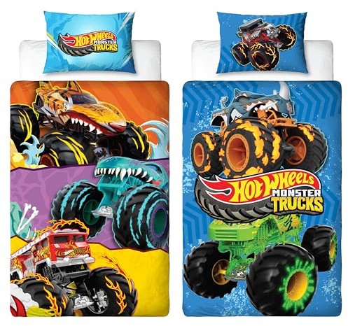 Hot Wheels Offiziell Lizenziertes Einzelbettwäsche-Set | Design „Monster“ | Beidseitig wendbare Bettwäsche mit passendem Kissenbezug | Perfekt für Kinderzimmer | Mehrfarbig, Twin