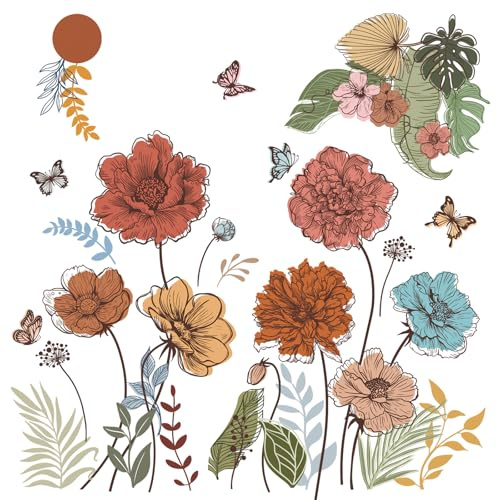FUFUQUARE Stickers Muraux Grandes Fleurs Colorées et Papillons Décoration Murale Moderne Autocollants Style Floral Exotique pour Salon Chambre Salle à Manger