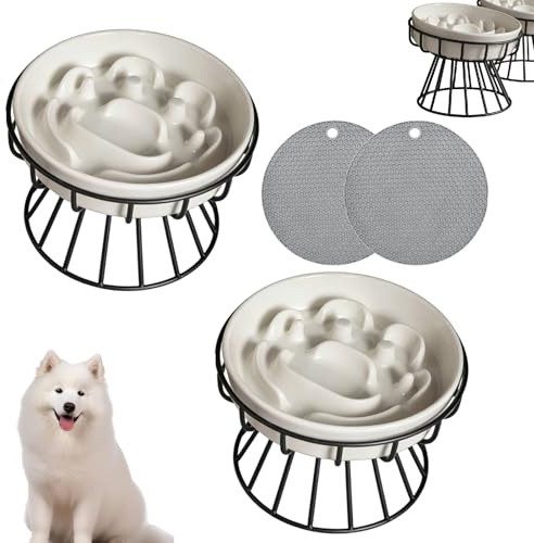 2er Set Stück Anti Schling Napf Katze, Katzennapf Erhöht Keramik Antischlingnapf Katze, Slow Feeder Katzen Nassfutter mit Metallständer Silikonpad, Futternapf Antischlingnapf für Katzen, Kleine Hunde