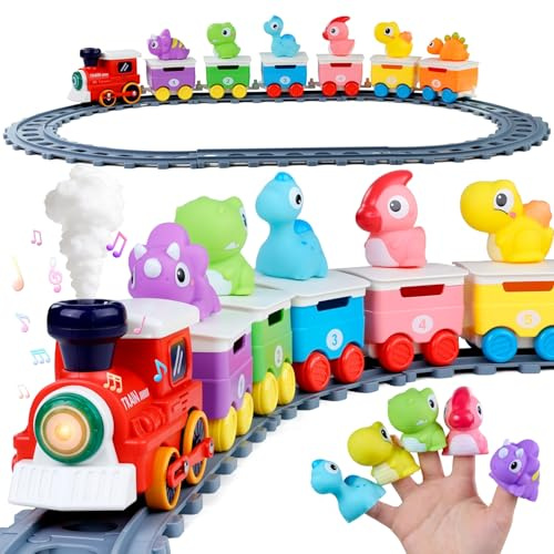 Meribbit Tren con Vías, Luces y Efecto Vapor, Marionetas de Dedo Dinosaurio, Juguetes Montessori Sensoriales, Juego Educativo para Niños de 2 Años, Regalo 1-3 Años