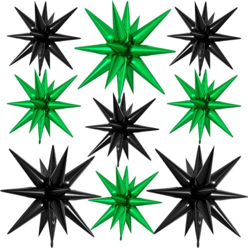 9Pcs Green and Black Star Balloons, Large Explosion Foil Balloons, Metallic Mylar Spike Balloon for Graduation Birthday Anniversary Video Game Football Theme Party Supplies,3 Pcs 27Inch & 6 Pcs 22Inch