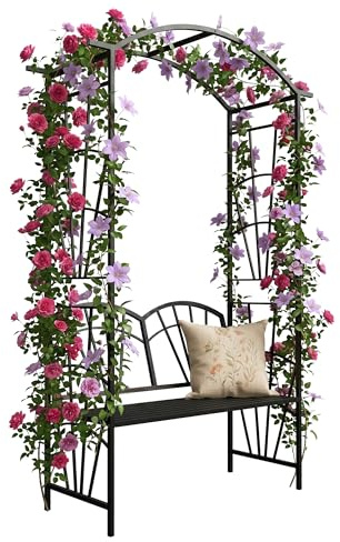 Relaxdays Arco de Rosas, Metal, 210 x 134 x 48 cm, Arco con Banco, Negro