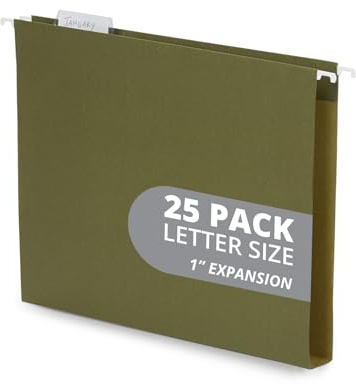 Blue Summit Supplies Hanging File Folders Extra Capacity 1 inch, Hanging File Folders 1 inch Expansion, Designed for Bulky Files and Charts, Letter Size, Standard Green, 25 Pack