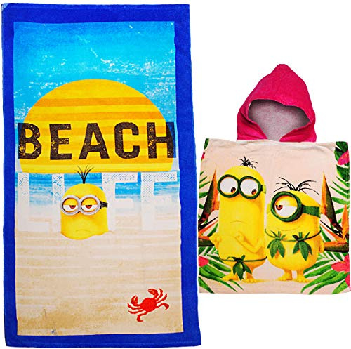 alles-meine.de GmbH 2 TLG. Set Badeponcho + Badetuch/Strandtuch - Minions - ich einfach unverbesserlich - 100% Baumwolle 70 cm * 140 cm - Poncho/Kapuzenhandtuch - Frottee ..