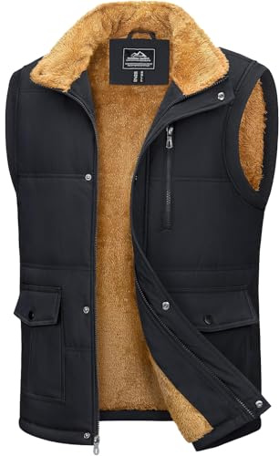 MAGCOMSEN Herren Outdoor Weste Winter Fleeceweste Warme Stehkragen Übergangsjacke Männer Gefüttert Winter Jacken Angeln Wandern Gilet Schwarz M