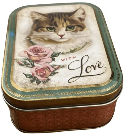 Presentlåda Design Nostalgia – Kärleksfullt utformad rektangulär liten miniburk – motiv Love Cat – godisburk, pillerburk, plåtburk – mått: (L x B x H): 10,5 x 7,8 x 6,4 cm
