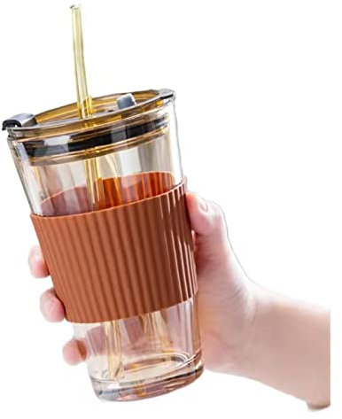 Botella de agua de vidrio con paja y tapa, taza de café helada reutilizable, taza de batidos de boca ancha, tarros de vidrio a prueba de fugas, botella de agua potable, vaso de viaje para(marrón)