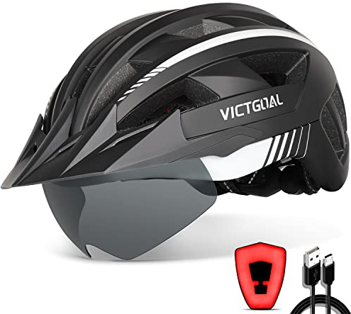 Bike Helmet for Men Women, M/L/XL Size Options, LED Light, Magnetic Goggles | Rechargeable Rear Light, Removable Sun Visor, 21 Air Vents, 54-63cm Head Range Adult Teen Fit, Bike Helmet for Road Cycling
