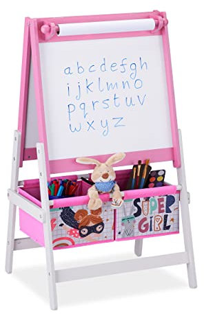 Relaxdays Standtafel Kinder, 2 in 1, Kindertafel mit Papierrolle & Körben, HBT 94 x 52 x 46,5 cm, Kreidetafel, rosa/weiß