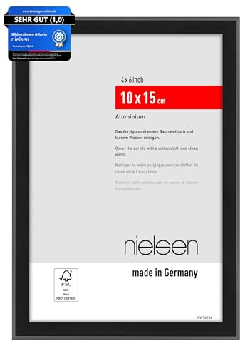 nielsen Aluminium Bilderrahmen Atlanta, 10 x 15 cm, Schwarz | Aluminium Fotorahmen im Hoch- & Querformat zum Auftstellen Schwarz matt bruchsicheres Kunstglas