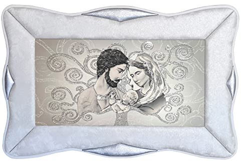 Quadro Sacra Famiglia Albero della Vita con Cornice in Ecopelle Bianca, Arredo soggiorno salotto camera da letto cucina ufficio bar ristorante Regalo utili, originali ed economici (Argento, 120X60)