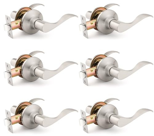 Mengico 6 Stück Türschloss, Satin-Nickel-Türhebel, Türgriff, Innendurchgangsschloss (für Flur und geschlossen)