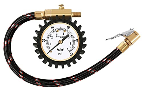 Reifendruckprüfer 100psi 7bar mit Clip On Chuck, ATsafepro 2 Zifferblatt Genauigkeit Analoger Reifendruckmesser Gut für das Aufpumpen von Reifen, Luftdruckprüfer um bequeme Druckmessung