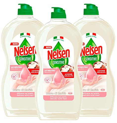 3x Nelsen Sensitive Detersivo Liquido per Piatti Bicchieri Posate Stoviglie ad Azione Sgrassante con Burro di Karité Delicato sulle Mani e Formula a pH Neutro per Lavaggio a Mano - 3 Flaconi da 900ml