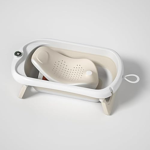Bañera Plegable Bebé Con Asiento De Baño Antideslizante - bañera Bebe Plegable Con Termómetro - Asiento Bañera Bebe - Silla - Desde El Nacimiento Hasta Los 3 Años - Regalos De Nacimiento (BEIGE)