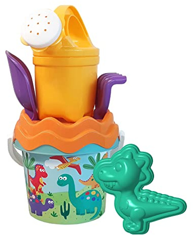Dino Baby - Set di secchi di Sabbia, 6 Pezzi, Secchio, colino, Forma di Sabbia, Pala, rastrello, innaffiatore, 11 cm, Diametro: 14 cm, a Partire da 10 Mesi