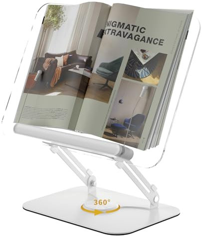 Buchständer aus Acryl zum Lesen, verstellbare Halterung mit 360° drehbarer Basis und Seitenclips, faltbarer Schreibtisch-Ricer für Kochbuch, Notenblätter, Laptop, Tablet, Rezept, Lehrbuch,