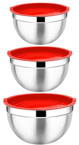 Joyfair Rührschüssel, 3-teilig Edelstahl Schüssel Salatschüssel mit Luftdichten Deckel, Stapelbar Metallschüssel zum Mischen/Servieren/Zubereitung, Spülmaschinenfest, 4.5L / 2.7L / 1.5L - Rot