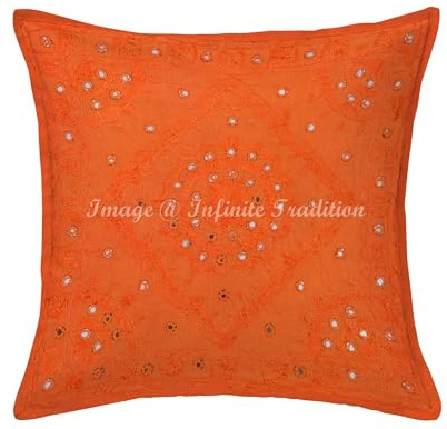 Infinite Tradition Indian Sofa Decorative Throw Pillow Covers 16x16 Inch Embroidered Mirror Orange Boho 40x40 cm Bedroom Cotton Geomatric Square Cushion Cover -1 Piece