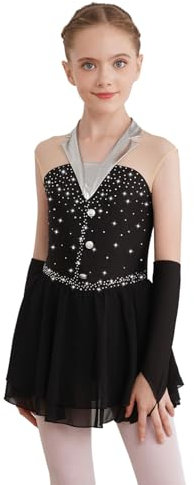 dPois Mädchen Eiskunstlauf Anzug Set Eislauf Trikot Kleid mit Handschuhe Glitzer Ski Skating Eislaufen Outfit Ballett Tanzkleidung Schwarz 134-140