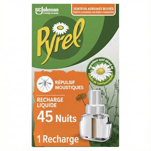 Pyrel Recharge Diffuseur Électrique Agrumes Boisés 45 Nuits 1 Recharge | Recharge liquide, senteur agrumes boisés, parfum contenant des huiles essentielles, 45 nuits, 1 recharge de 32 ml