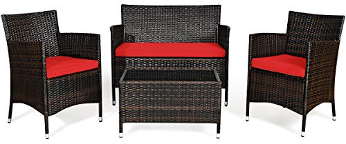 Goplus 4-Piece Rattan Patio Set, Outdoor/Indoor Wicker Conversation Set for Pool, Backyard, Lawn, Wicker Chairs and Sofa with Soft Cushion, Rattan Furniture with Tempered Glass Coffee Table
