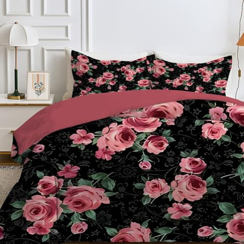 Qiwagu Bettdecke 135x200 4 Jahreszeiten, Wende Rote Blume Steppdecke Waschbare, Bettdecke ohne Bezug Nutzbar, Leicht Weiche Schlafdecke 200GSM, Ganzjahresdecke Schwarz mit 1 Kissenbezug (ohne Kissen)