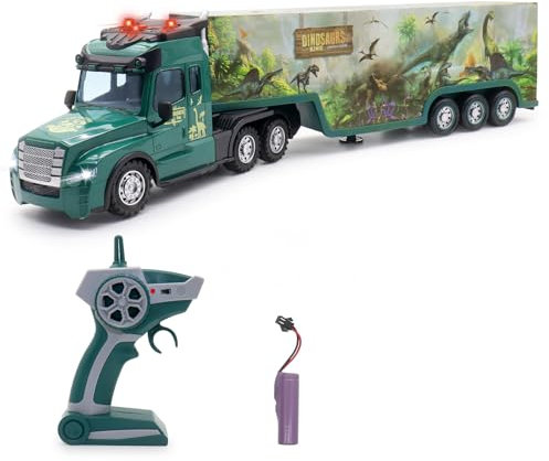 fisca Fernsteuerung LKW Spielzeug, Kinder Fernbedienung Spielzeug Transport LKW mit Lichtern und Geräuschen, Große Dinosaurier Drucke Geeignet für 3 4 5 6 Jahre alt Jungen und Mädchen Geschenke