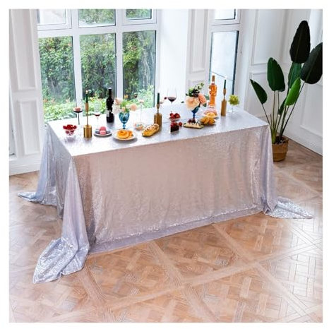 Tablecloth 130x130CM, Polyester Tischdecke Pailletten Silber Tischtuch Quadrat für Wohnzimmer, Esszimmer, Balkon, Garten