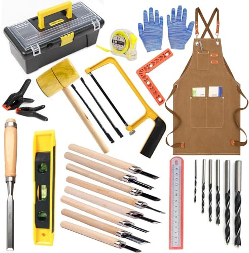 QeeHeng Kit d’outils pour enfants, coffret d’outils pour enfants, scie, outil de sculpture sur bois, véritables outils manuels pour débutants, jouets DIY pour l’apprentissage de la construction et de