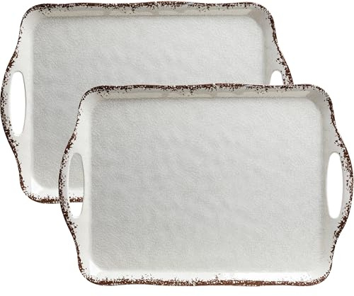 LEHAHA Vintage White Large Serving Tray with Handles, 17.25x12 inch, Set of 2 Melamine Platters for Serving Food, Turkey, Cookie, Rectangular Trays for Eating, Crackled Finish with Rustic Raised Rim.