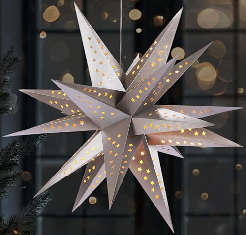 BRUBAKER 3D Weihnachtsstern für Innen - 60 cm XXL Leuchtstern - Weihnachten | Batteriebetrieben mit Timer - LED Stern Hängend - Adventsstern für Fensterdeko und Weihnachtsdeko - Papierstern - Silber