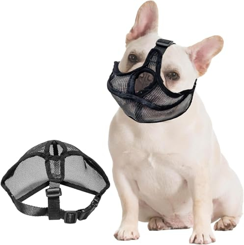 Maulkorb für französische Bulldogge, kurze Schnauze, verstellbar, atmungsaktiv, Netzmaulkorb für Französische Bulldogge, Hundemaske gegen Beißen, Kauen, Bellen (Schwarz, L 35–44 cm)