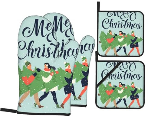 Ofenhandschuhe und Topflappen-Set, Motiv: Frohe Weihnachten und Kiefernbaum, hitzebeständig, Küchen-Backhandschuhe, rutschfeste Oberfläche zum Kochen, Backen, Grillen, Grillen