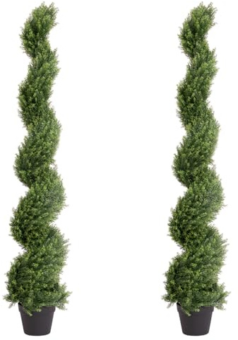 THE BLOOM TIMES Künstliche Formschnittbäume, 1,5 m, 2 Stück, künstliche Zeder, Zypresse, Spiralformschnitt, für den Außenbereich, für Garten, Veranda, Innen- und Außenbereich, Pflanzgefäß, Dekoration