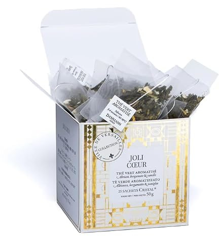 Dammann Frères - Coffret Joli Coeur - 25 Sachets Cristal de Thé - Thé vert Aromatisé - Abricot, Bergamote & Vanille -Collection Ville de Versailles - 50g