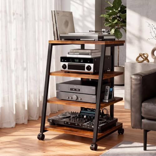 WUDLEP HiFi Stand, 4-Tier AV Media Stand with Power Strip and Wheels