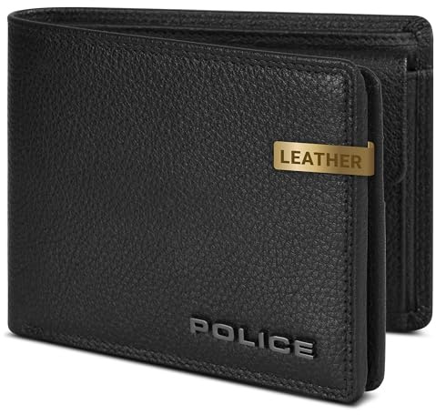 Police Herren Leder-Geldbörse Querformat mit Klappe | Geldbeutel Brieftasche Portmonee Portemonnaie mit Klappe | RFID-Schutz & 8 Kartenfächer Querformat | Maße 12 x 2 x 9 cm (schwarz)