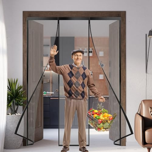 Magnetic Fly Heavy Duty Door Screens, 235x200cm Anti Mosquito Mesh Fly Curtains with Powerful Magnets Full Frame Magic Tape, Keep Bugs Out Lets Fresh Air in for Patio Balcony Bedroom Black