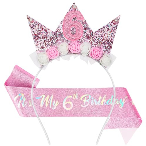 AOOTE Corona Compleanno Bambina, 6 Anni Fascia Tiara, Cintura Di Compleanno per Bambina, Principessa Cerchietto Corona, Corona Con Fiori di Rosa, per Ragazze, Decorazioni Compleanno, Festa, Natale