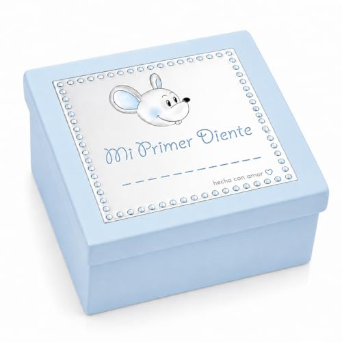Genérico Caja para dientes de bebé, Caja de madera plateada para guardar sus primeros dientes de leche con la imagen del Ratoncito Pérez - Ideal para niños