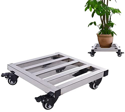 Chariot de pot de fleurs carré robuste avec frein mobile en métal pour intérieur ou extérieur - Dessous de verre à roulettes pour une mobilité facile - Argenté - 25 cm