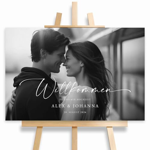 HEI Print Willkommensschild Hochzeit mit eignem Foto und Namen im modernen Stil, personalisierte Hochzeitsdeko, Willkommen Schild im Querformat, mit Bild, 60x40