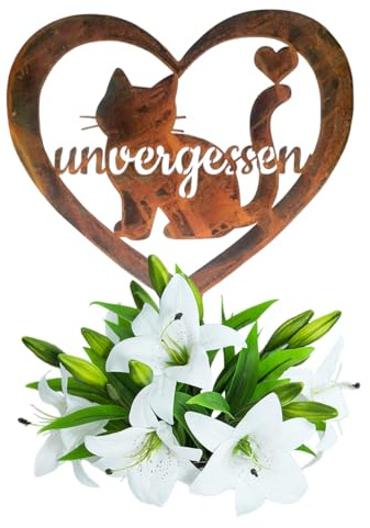 Grabschmuck Herz Wetterfest,Vorgerostete Grabdekoration Katze,35cm Haustier Fellnase