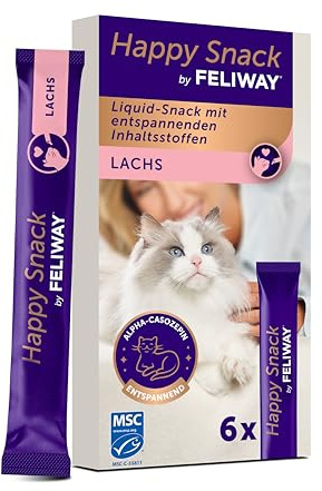 Happy Snack by FELIWAY, Lachs Geschmack, leckerer, beruhigender Leckerbissen, 6 cremige Snacksticks - Hilft Katzen, Sich enspannter zu fühlen, Entspannung zum Snacken
